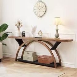 70.87 in. W Walnut and Black Console Tables, Rectangle Wooden Console Table with Half Moon Frame.