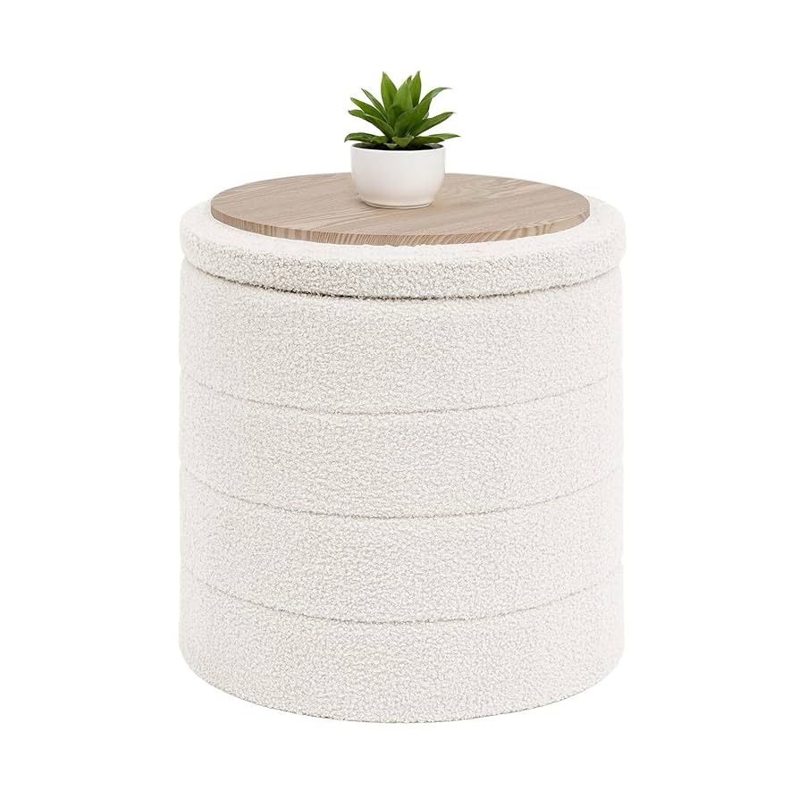 B03 Ottoman with Stroage, Round Sherpa Storage Ottoman Stool, Boucle Foot Rest 16.9"x16.9"x17.7"(White Color White Top Material Type Faux Fur B