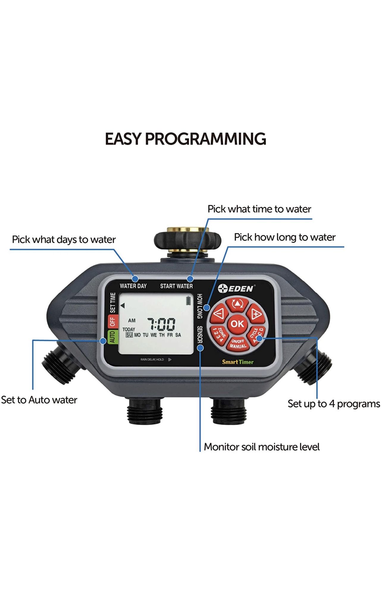 Eden 93413 Programmable Digital Water Timer 4-Zone Compatible with Wireless S...