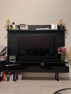 Black Floating TV Stand with Wall Panel