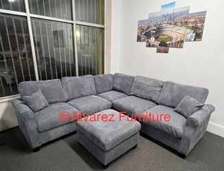 Corduroy sectional sofa with ottoman