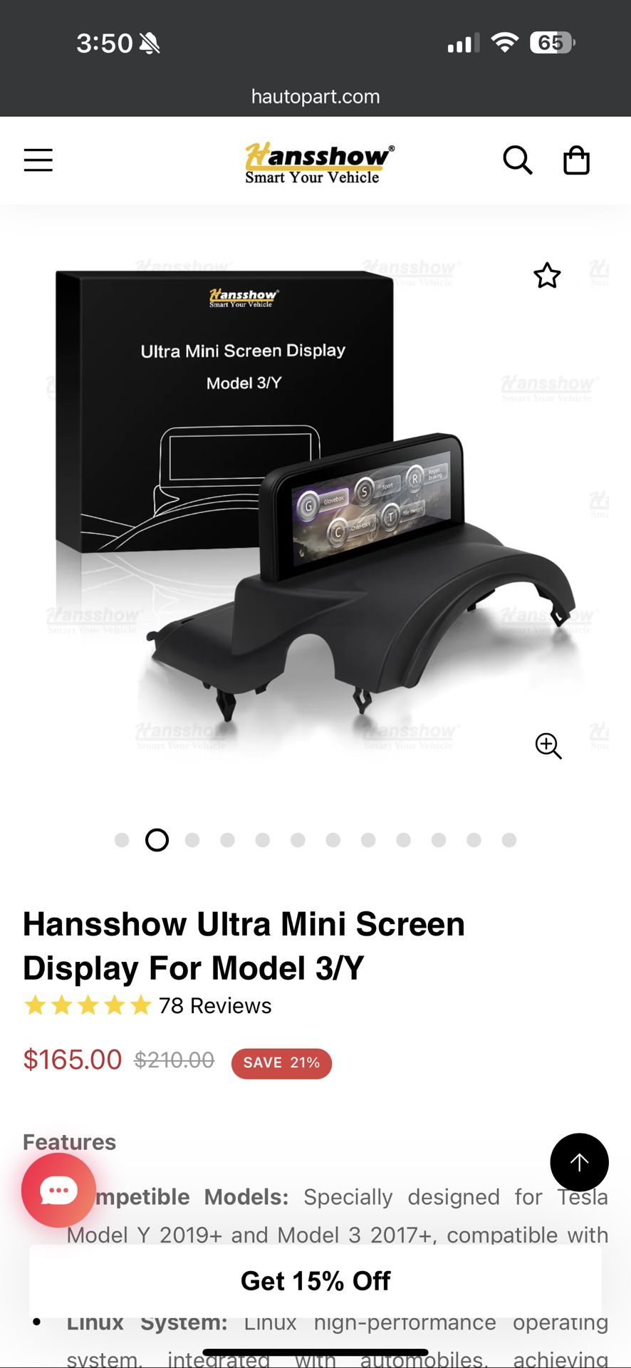 Hansshow Ultra Mini Screen For Model 3/Y