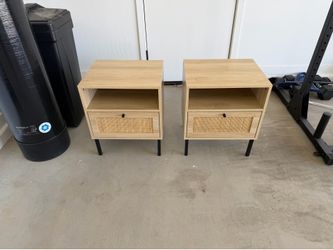 Set of 2 Modern Nightstands with Rattan Drawers