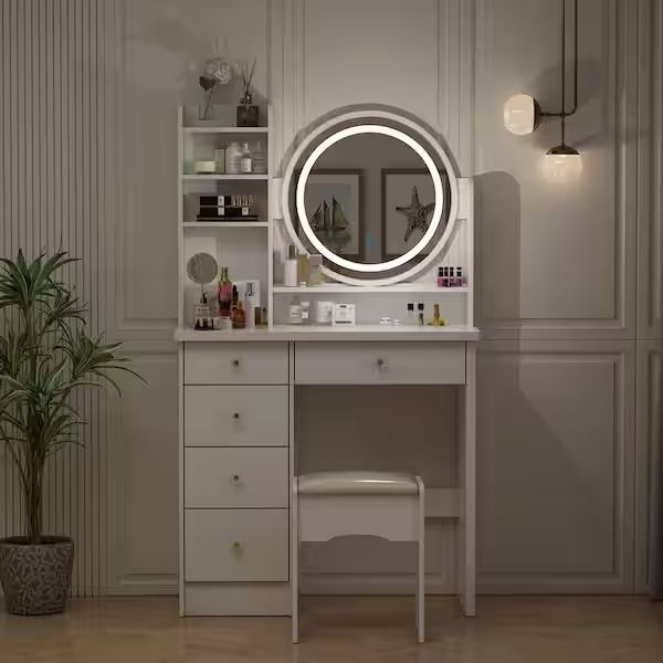 5-Drawers White Wood Makeup Vanity Set Dressing Desk W/ Stool, LED Round Mirror and Storage Shelves 52x 31.5x 15.7 in.