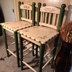 Pair of Solid Wood Green & Yellow 44" Bar Stools. 30" Seats Hand Painted w/ Stenciled Fruits