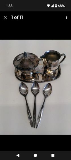 Vintage Paul Revere Reproduction Silver Tray, Creamer, Lidded Sugar Bowl & spoon