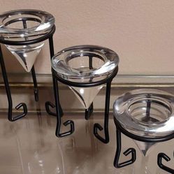 Black Metal Candleholders with Clear Glass Cones Set of 3 (NEW)
