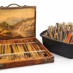 Vintage Artist’s Wooden Paint Box w/ Hand-Painted Landscape + 200+ Assorted Paint Brushes