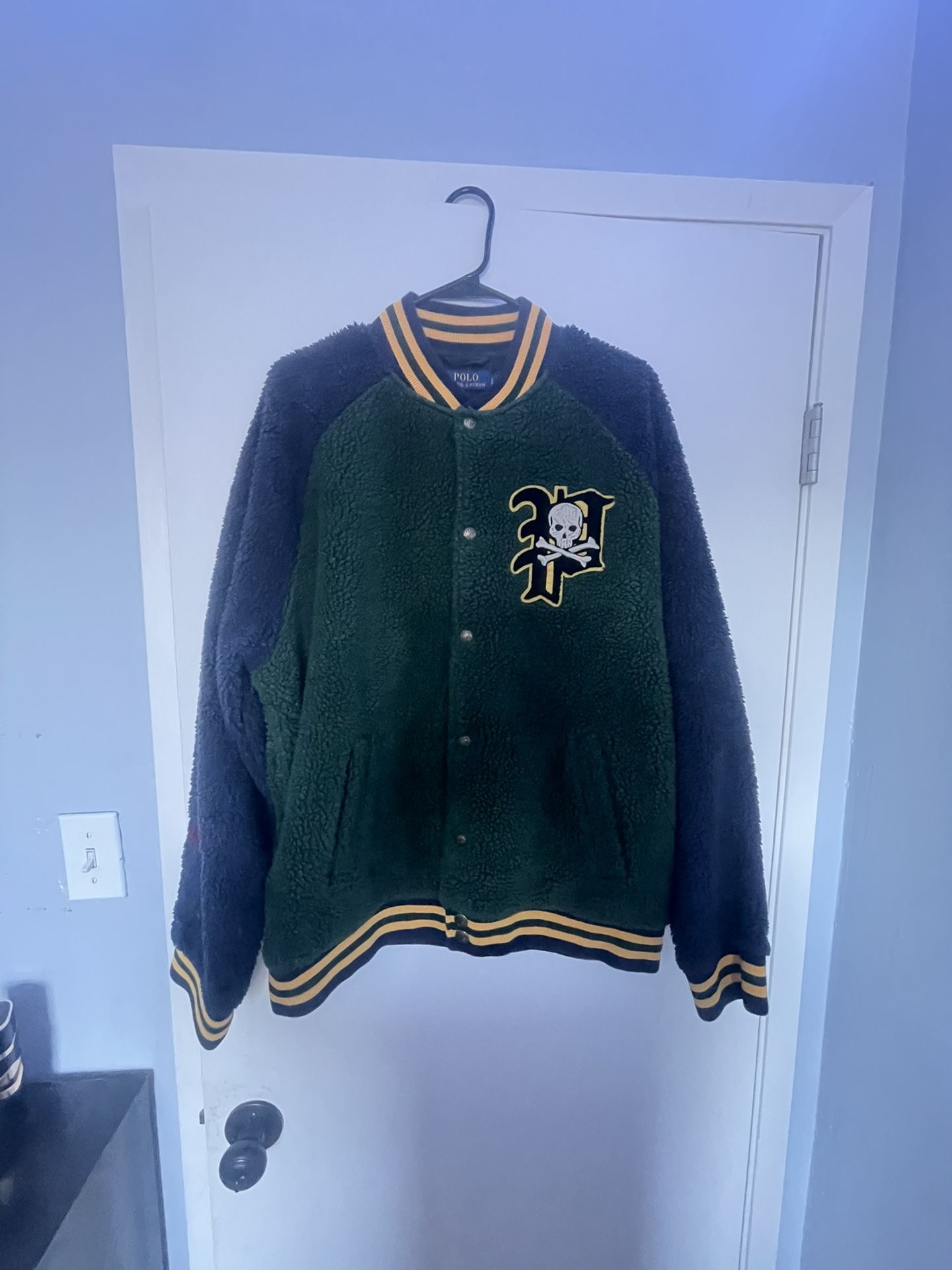 POLO RALPH LAUREN HEAVY FLEECE SHERPA Skull Crossbones VARSITY JACKET Size L