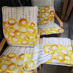 LIKE NEW! IKEA ARM CHAIRS AND FOOT STOOL WITH REMOVABLE COVERS HANDMADE INCLUDING EXTRA FOOT STOOL COVER WITH IKEA FABRIC