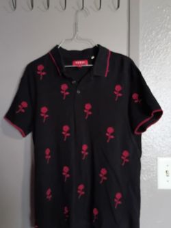 Black Polo Shirt with Red Rose Print