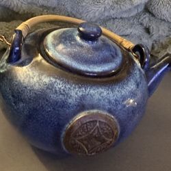 Gorgeous Royal Blue Vintage High Gloss Glazed Earthenware Tea Kettle W/ Ratan Handle!