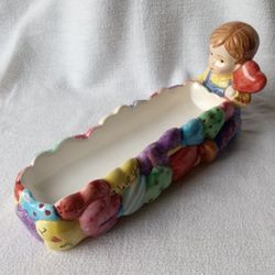 WHIMSICAL BUTTER DISH / CANDY DISH / COOKIE DISH with a Little Boy and Puffy Colorful Hearts - Glossy Hand Painted Ceramic Porcelain from WCL
