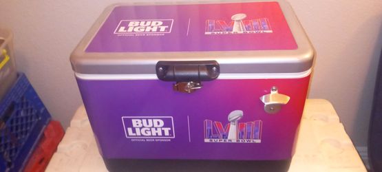 BUD LIGHT)SUPER BOWL LVIII(58) COMMEMORATIVE METAL COOLER W/BOTTLE OPENER