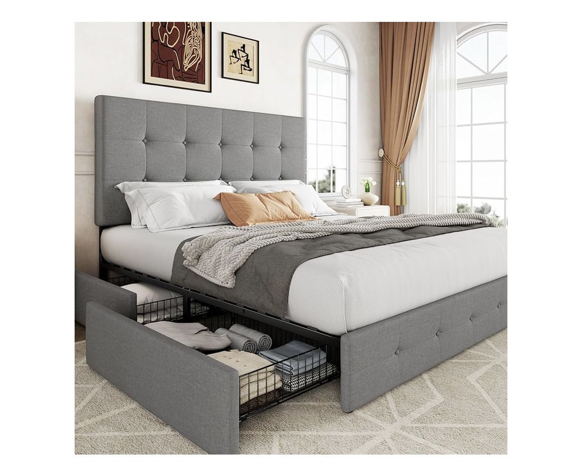 Allewie Upholstered Queen Size Platform Bed Frame with 4 Storage Drawers and Headboard,