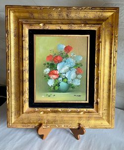 Vintage Gold Gilded Framed Floral Still Life Oil Painting by Minet