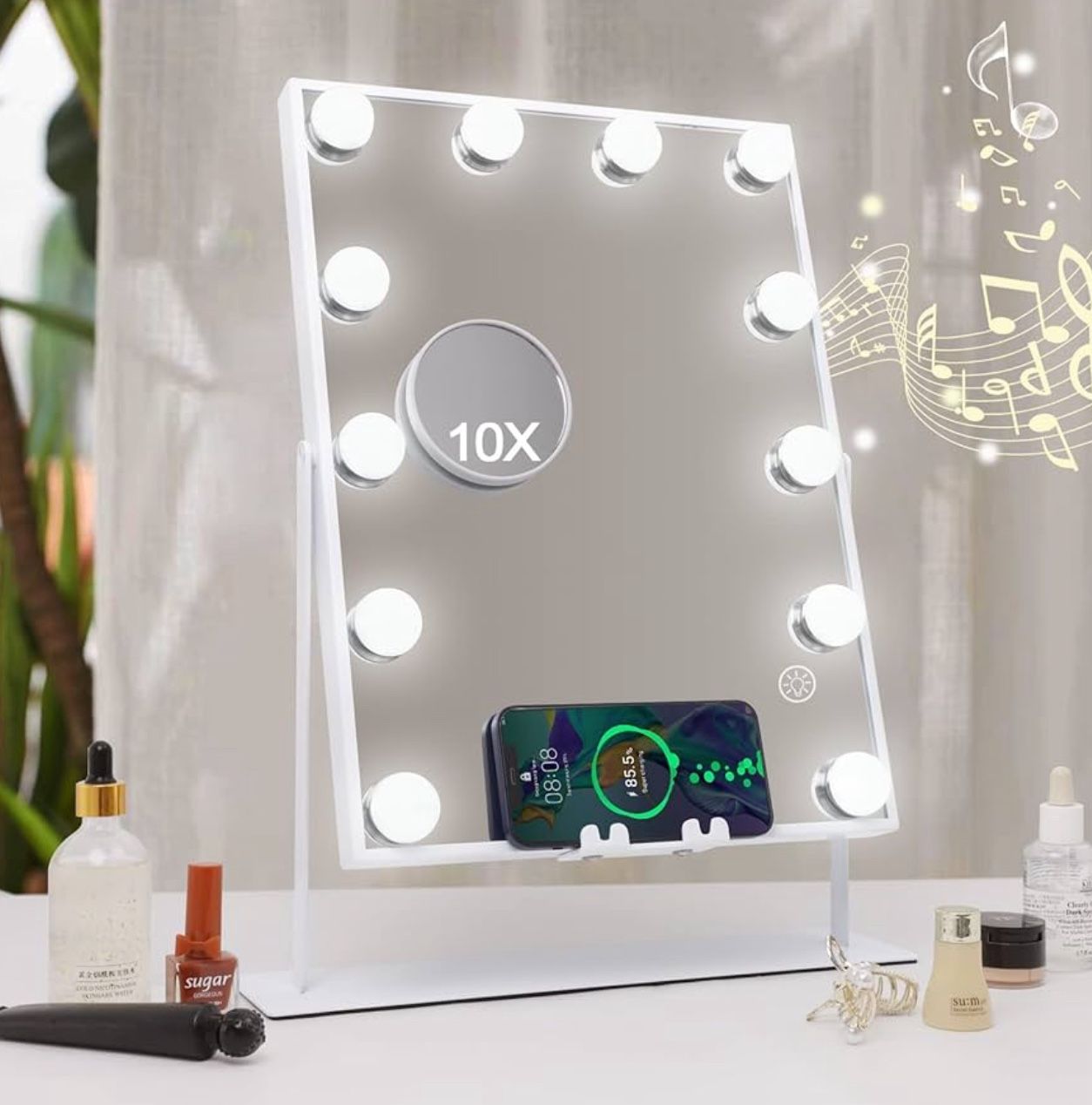 Hansong Vanity Mirror with Lights and Wireless Charging Makeup Mirror with Lights and Music Speaker 12 LED Bulbs Upgraded