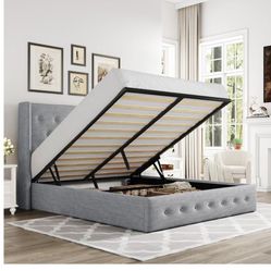 Allewie Queen Size Lift-Up Storage Bed Frame | Light Beige