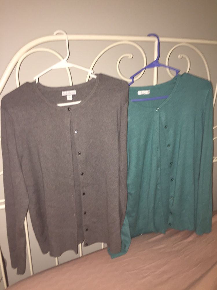 Two Croft and barrow size large button down cardigans colored gray and teal. Both of them $5 total. Pick up near beach in east haven