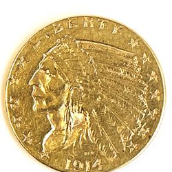 1914 Quarter Eagle $2.50 US Gold Indian Head Coin