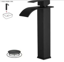 BWE Waterfall Single Hole Single Handle Tall Bathroom Vessel Sink Faucet With Supply Hose in Matte Black