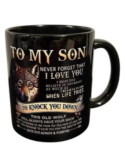 Lot of 57 To My Son Wolf Coffee Mugs 11oz Black Ceramic Wholesale Resale Bulk