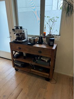 Industrial Wood Kitchen Island / Coffee Bar on Cast Iron Casters