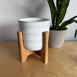 White Ceramic Planter with Wooden Stand 