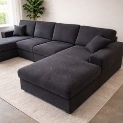 $10 Down!-Black Corduroy Sectional Sofa Double Chaise Couch 📦