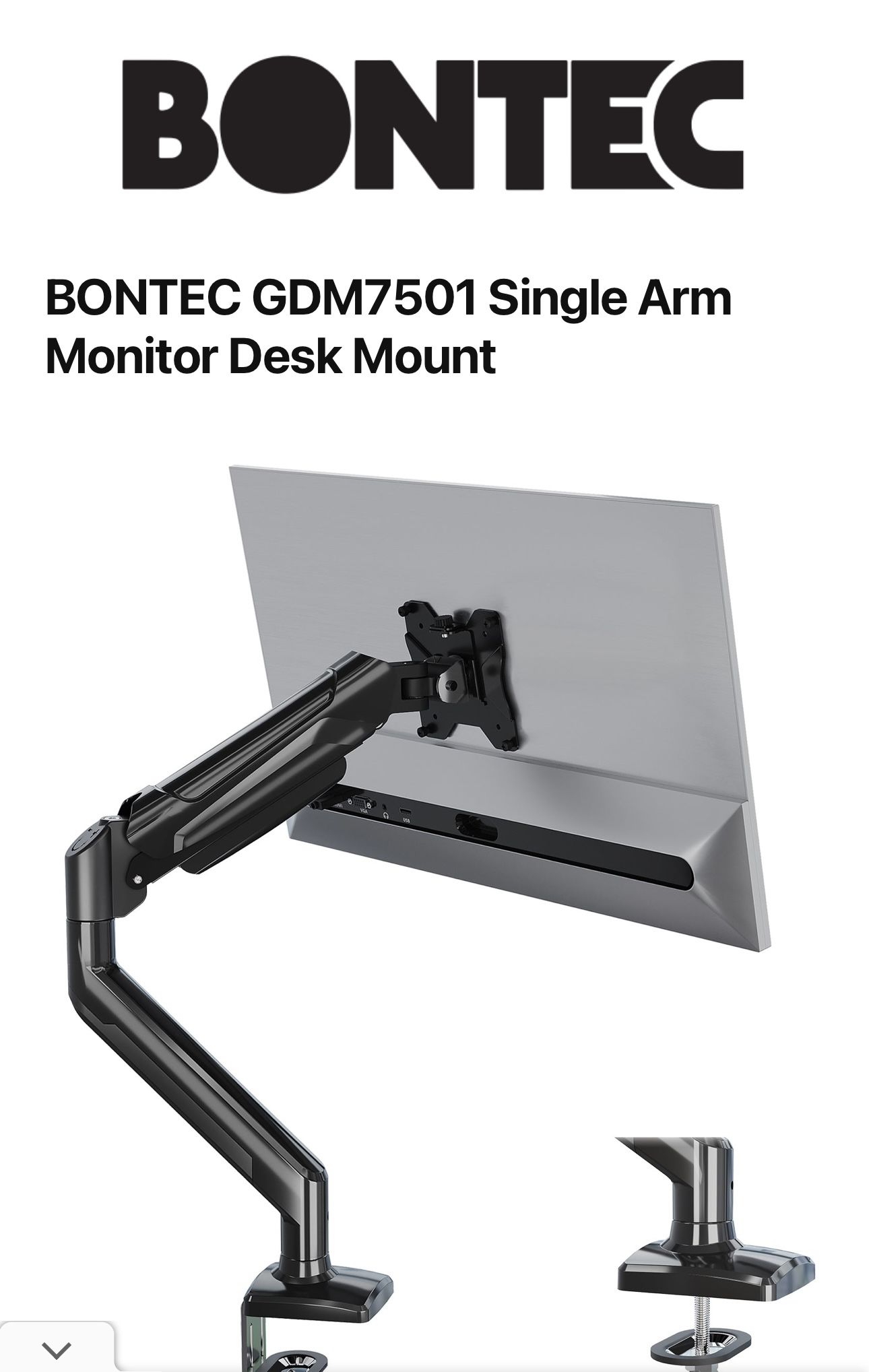 BONTEC Single Monitor Desk Mount, 13-34 Inch Gas Spring Monitor Arm, Adjustable VESA Mount with Clamp & Grommet Base,