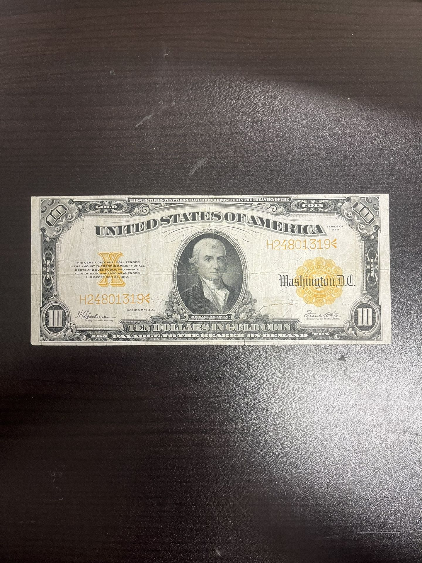 1922 $10 Large Size Gold Certificate United States Paper Money