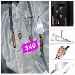 Wedding serving set 4pc glass flutes mr mrs, serving cake knife set. (Rhinestones rose gold color