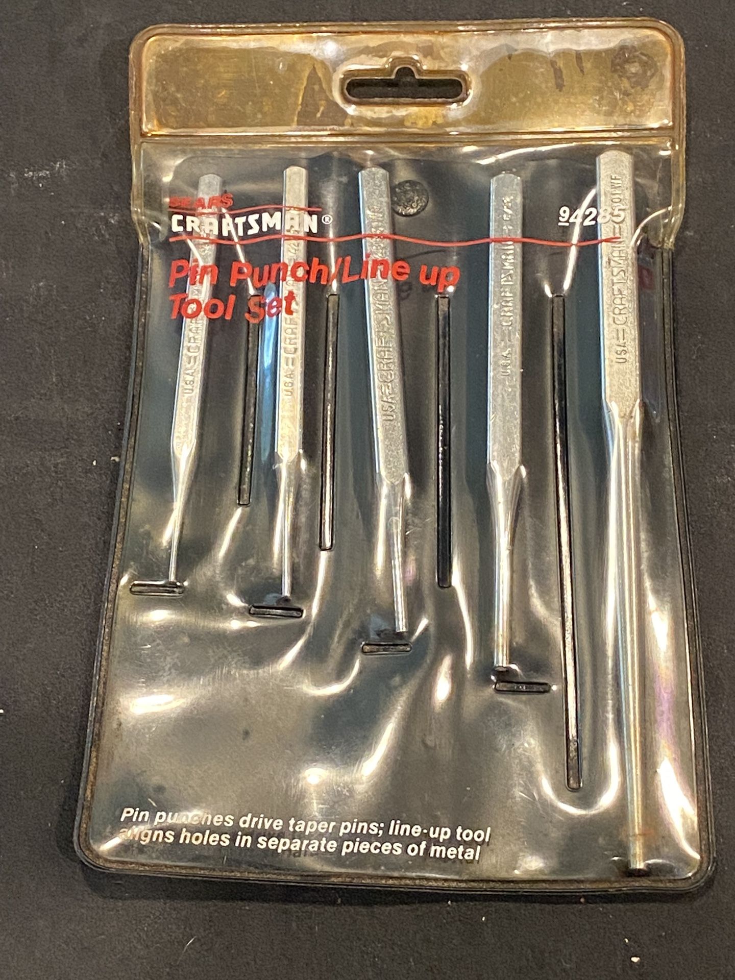 Vintage Sears Craftsman 9 4285 5-Piece Punch Set Chrome-Vanadium. Good condition. Small 1/16” punch has a slight bend otherwise this set is in great c