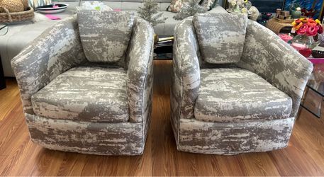 Pair Gray Marble Upholstered Swivel Bucket Chairs