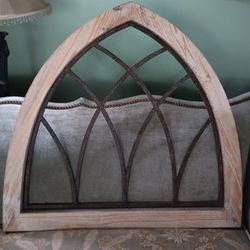 Cathedral Church Window  Arched Frame Wood Distressed Metal 34x32"