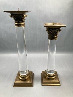 Vintage MCM Brass And Lucite Candle Holders. 15.5" & 18" Over all good condition