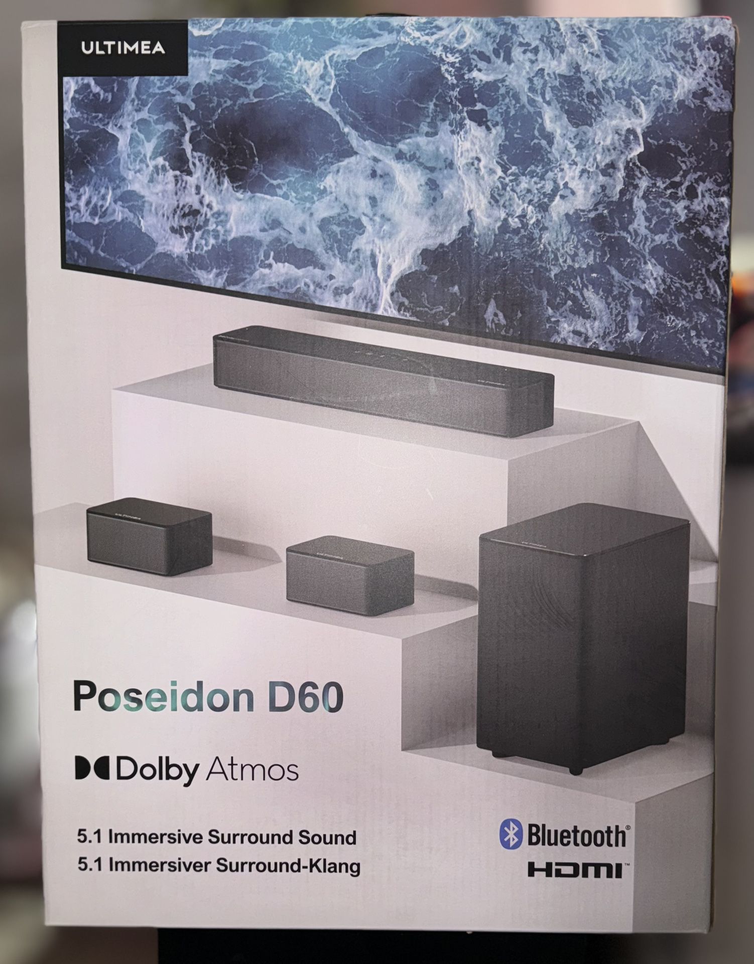 UNOPENED Poseidon D60 Soundbar - 5.1 Channel Surround Sound, Dolby Atmos Decoding, Bass Mx