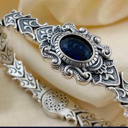 925 Sterling Silver Bracelet with Blue Zirconia Stone, Gothic Design, 9 Inch