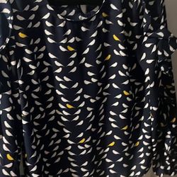 Women’s Blouse Shirt XS/XXS (white and bluebird decorative pattern on navy background)