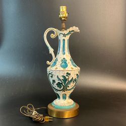 Vtg Turquoise Gold Pitcher Lamp Ceramic Brass Ornate Farmhouse Hollywood French