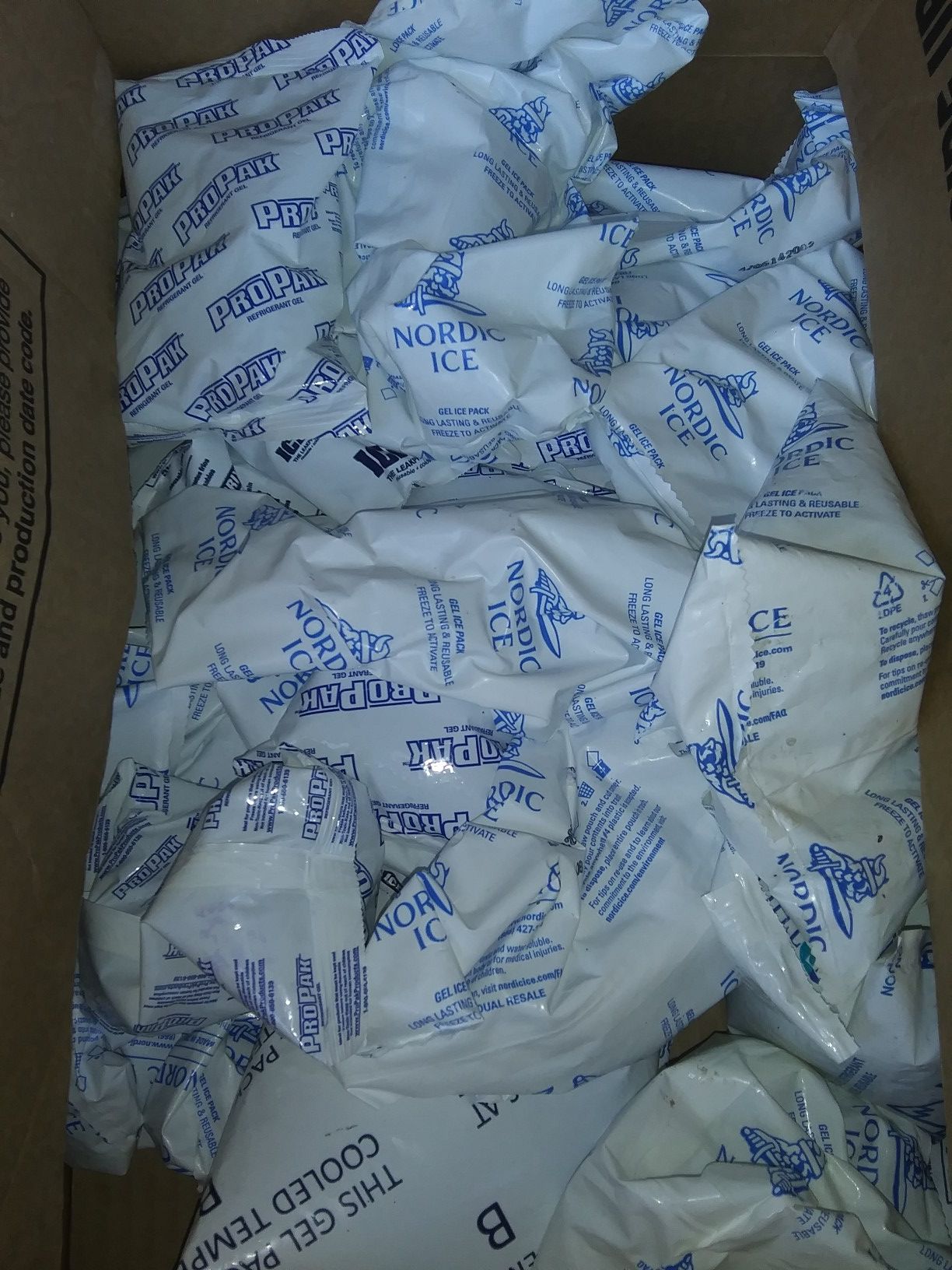 Box of big freezer packs with styrofoam cooler