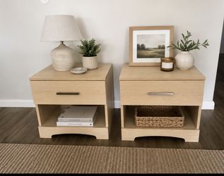 Pair of Light Wood Nightstands with Drawer & Open Shelf