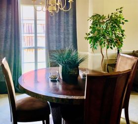 Round Dining Set – Wood Inlay & Marble Trim w/ Velvet Chairs