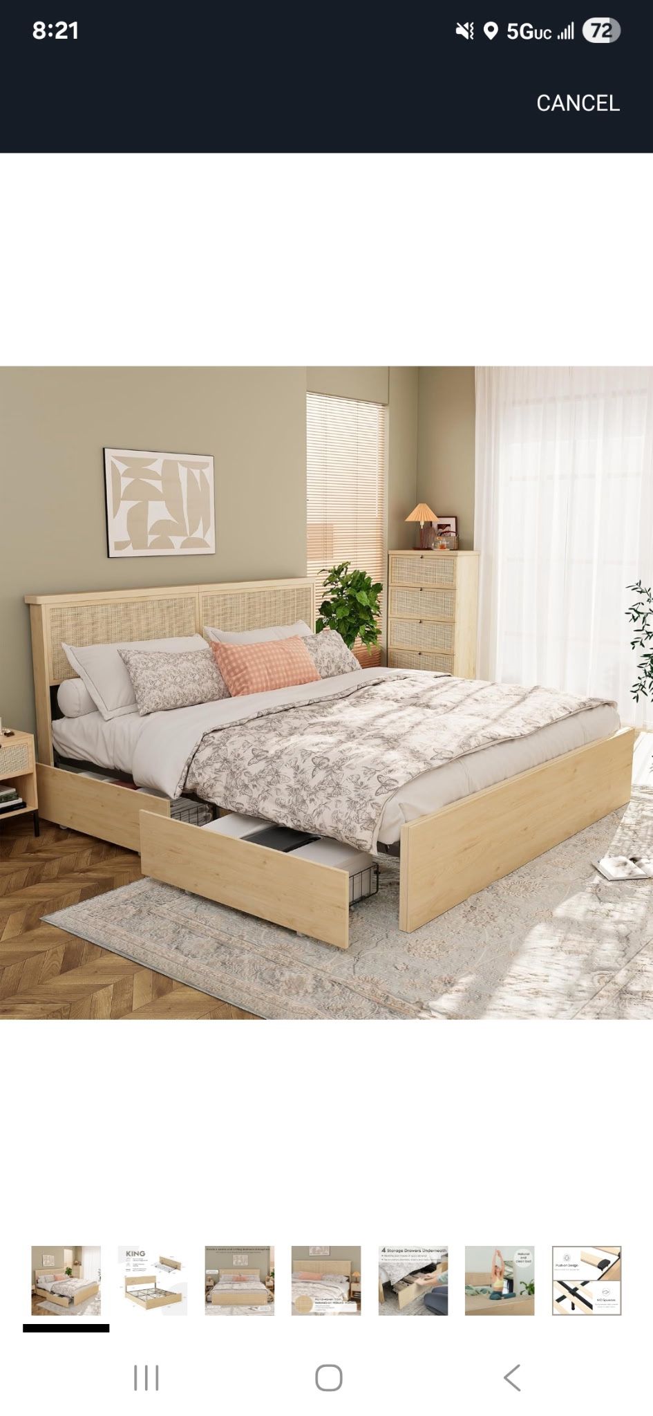 King Bed Frame with Natural Rattan Headboard and Wooden 4 Storage Drawers, Light Oak Metal Platform Bedframe with Strong Wooden Slats Support