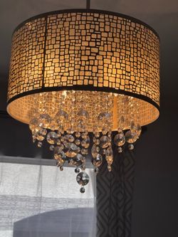 Modern Crystal Drum Chandelier with Laser-Cut Metal Shade
