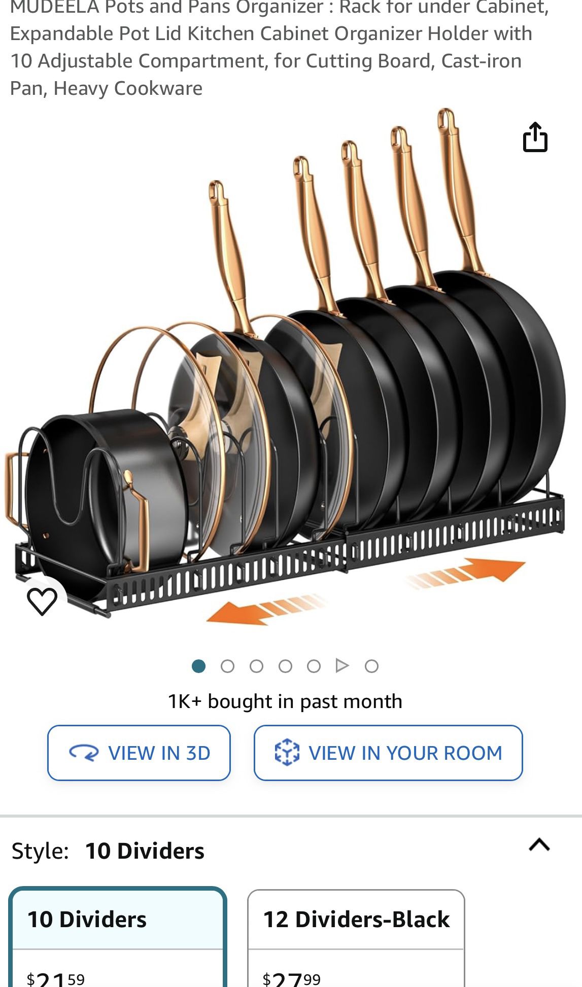 Pots and Pans Organizer : Rack for under Cabinet, Expandable Pot Lid Kitchen Cabinet Organizer Holder with 10 Adjustable Compartment, 