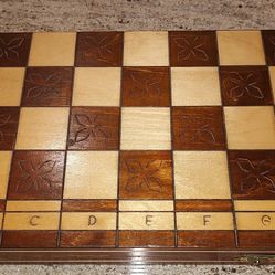 Vintage Varnished Wood Chess Set w Board