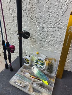 Fishing equipment for deep sea, Penn stand up slammer boat rod with Penn no. 180 reel, fishing tackle box, hooks, Hopkins lures, spoons, weights, Zebc
