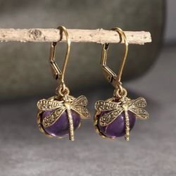 Purple Crystal and Bronze-Gold Dragonfly Lever Back Earrings.