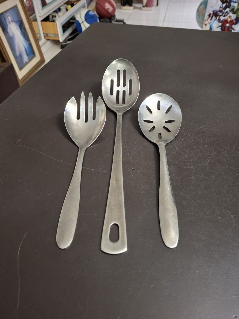 3PC Vintage Serving Utensils Incl: 12" Prestige Stainless Rostfrei Inox Slotted Spoon With 8.5" Stainless Steel Spoon & Fork